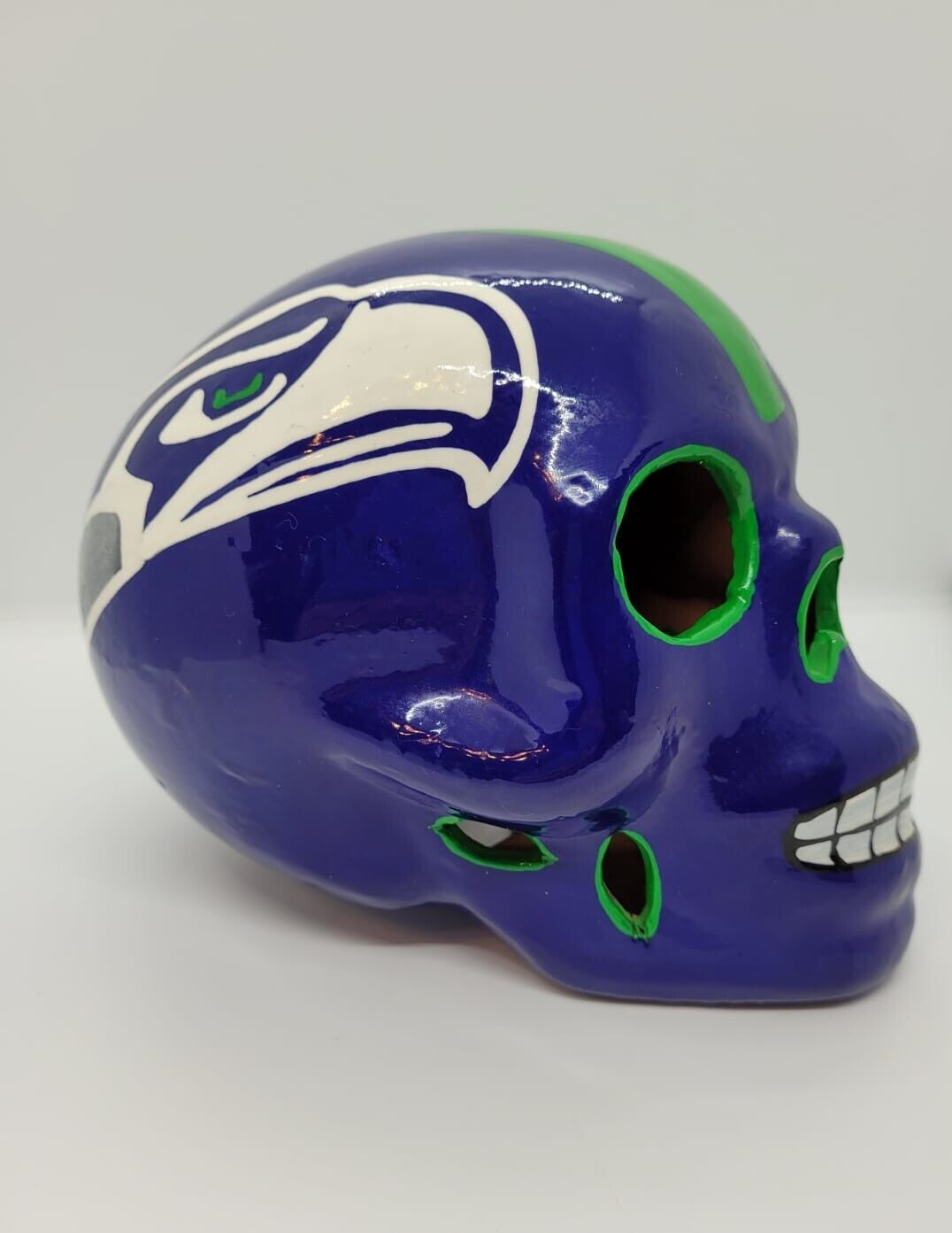 Seattle Seahawks Hand Painted Ceramic Skull Great Unique!