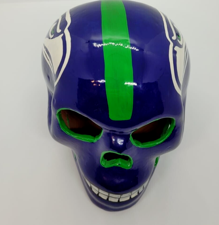 Seattle Seahawks Hand Painted Ceramic Skull Great Unique!